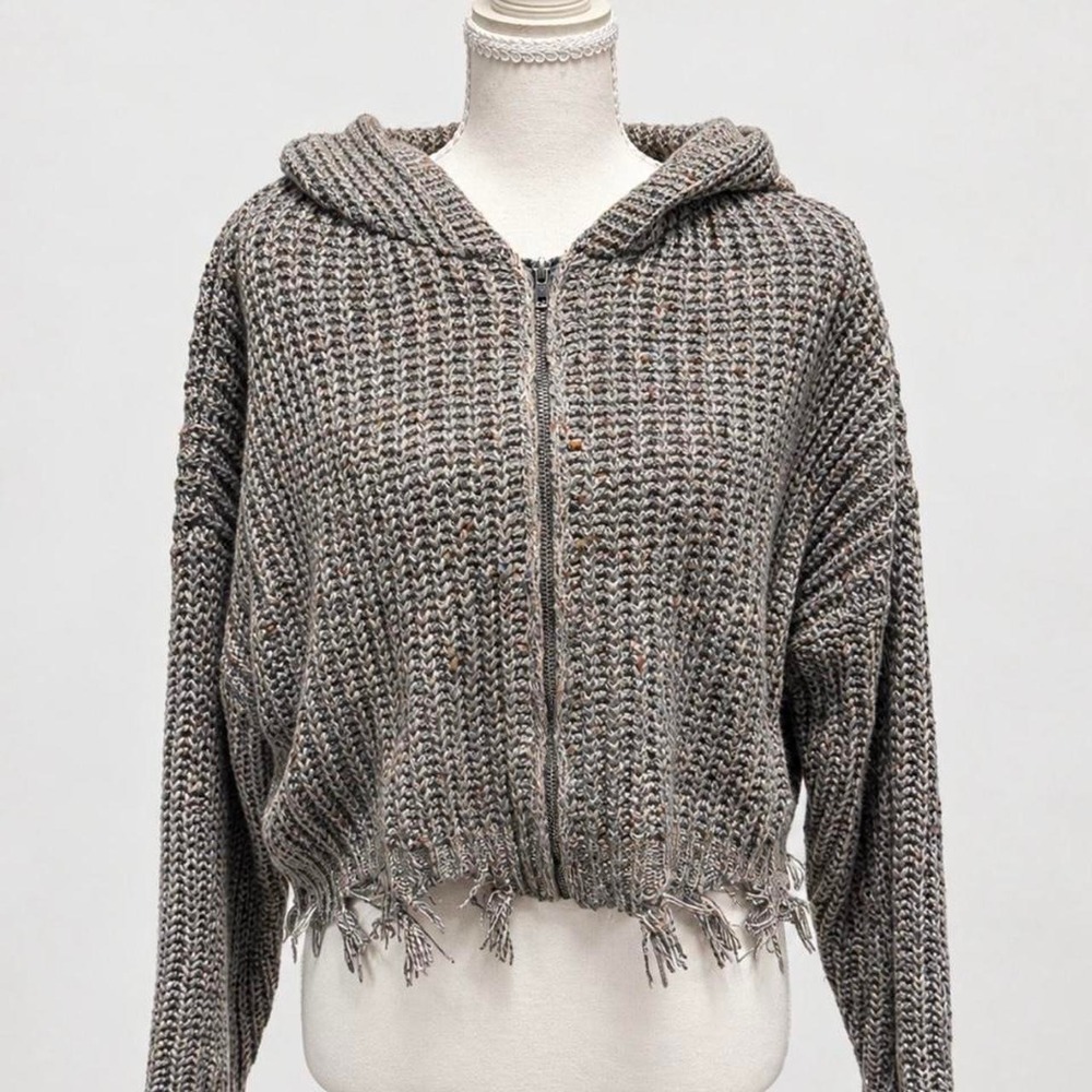 Mystree Gray & Brown Cropped Zip Up Hoodie Sweater with Fringe Size S